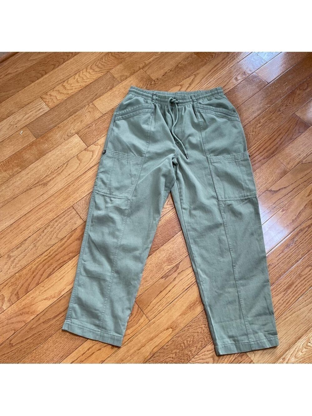 7 For All Mankind baggy cargo pants olive green khaki cotton drawstring Sz M - Picture 2 of 10
